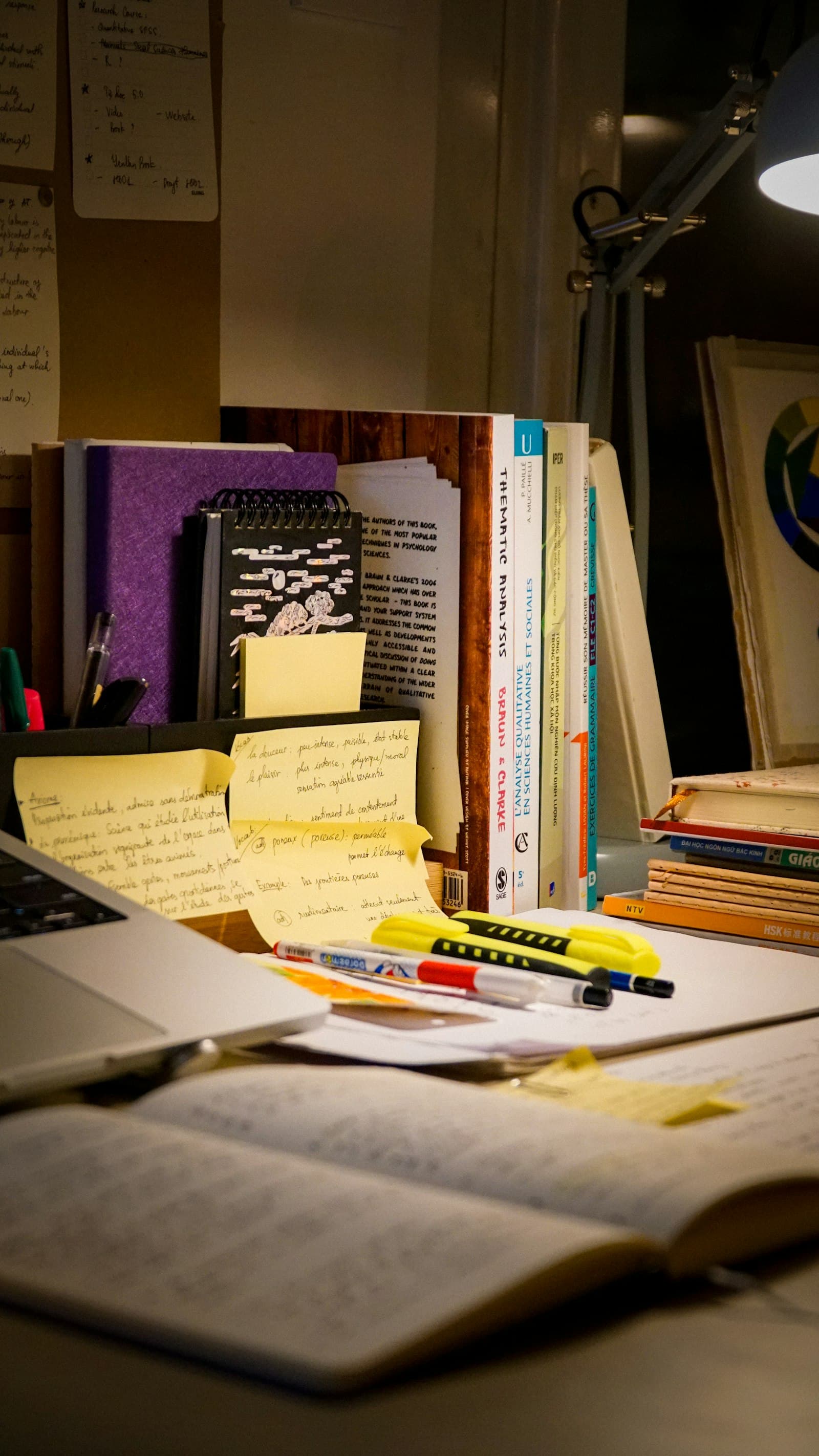 A desk covered with books, notes, and a laptop