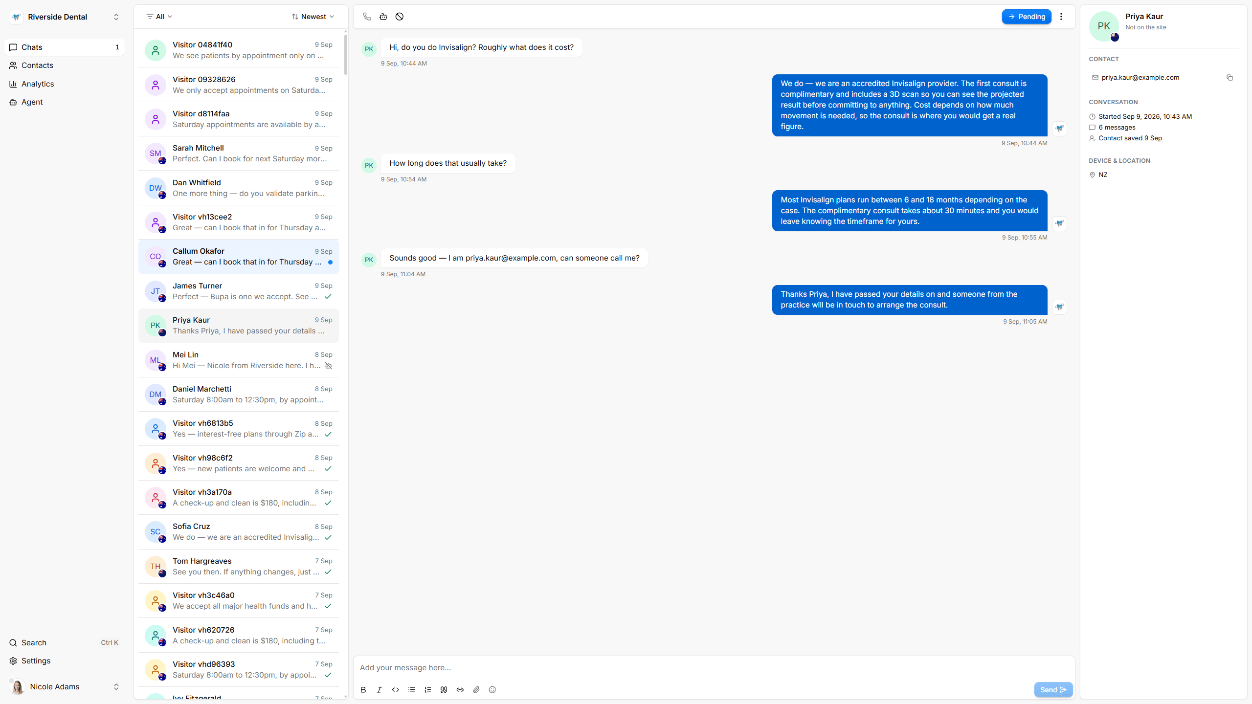 The Whizchat inbox with a conversation open and the visitor's details beside it