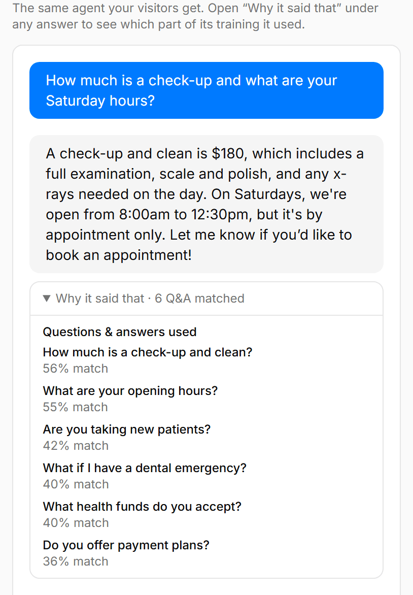 The playground panel headed “Why it said that · 6 Q&A matched”, listing matched questions with percentages.