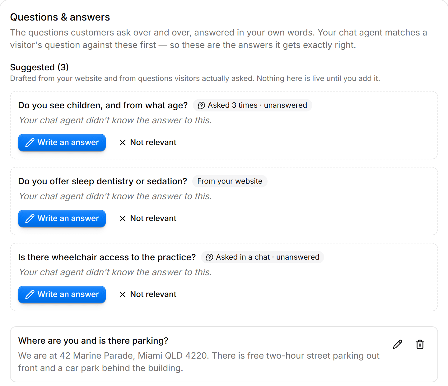 A review queue of three suggested questions, each marked with how it was found and offering a Write an answer button.